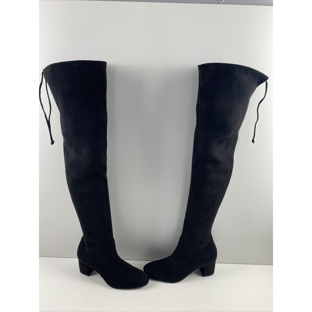 Stuart Weitzman Black Suede Round Toe Pull On Block Heel Thigh High Boots Size 6